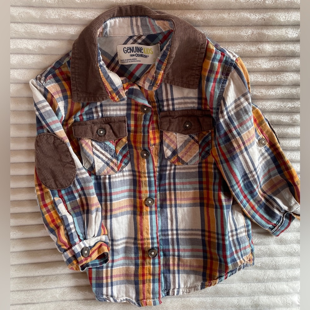 OshKosh B’Gosh Boys Plaid Button Down Shirt Corduroy Patch Collar 2T